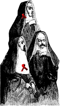 A handful of male nuns wearing red ribbons